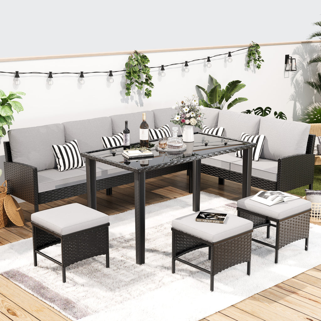 Small Space Patio Furniture 7-piece Outdoor Furniture Set, Backyard Furniture Set, Waterproof Seat Cushion, Glass Table, Space Saving, Suitable For Backyard, Terrace Or Garden,Gray
