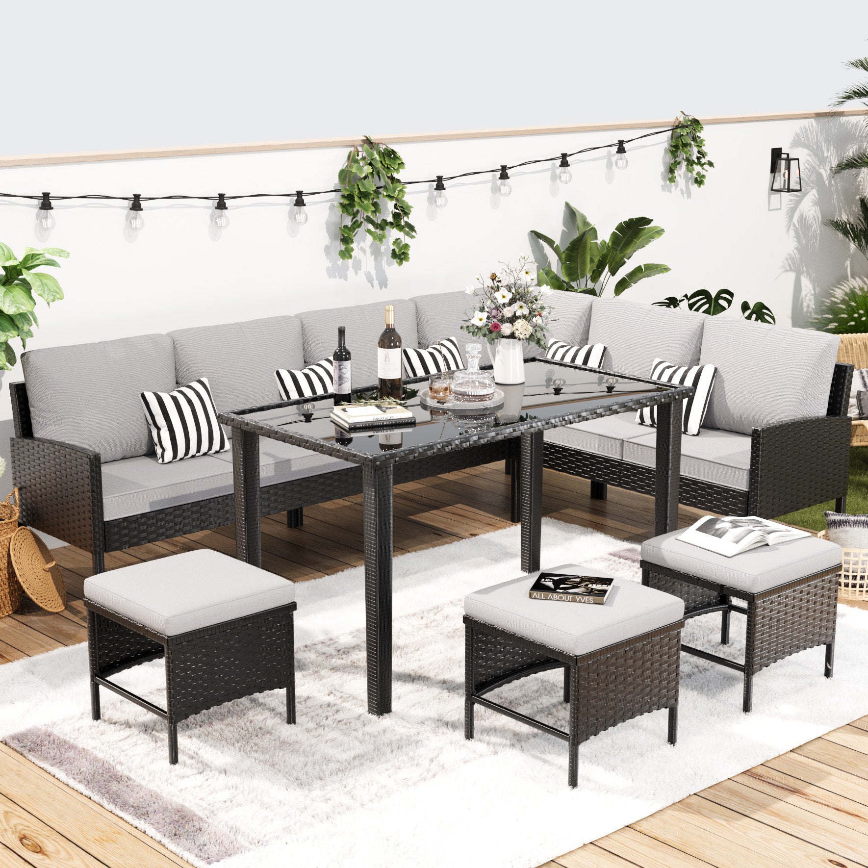 Small Space Patio Furniture 7-piece Outdoor Furniture Set, Backyard Furniture Set, Waterproof Seat Cushion, Glass Table, Space Saving, Suitable For Backyard, Terrace Or Garden,Gray