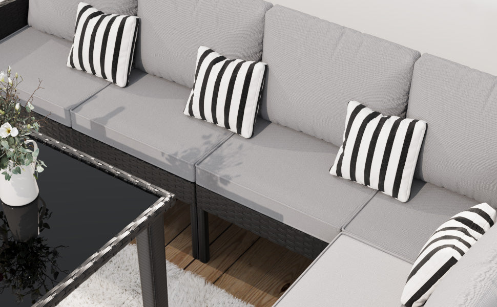 Small Space Patio Furniture 7-piece Outdoor Furniture Set, Backyard Furniture Set, Waterproof Seat Cushion, Glass Table, Space Saving, Suitable For Backyard, Terrace Or Garden,Gray