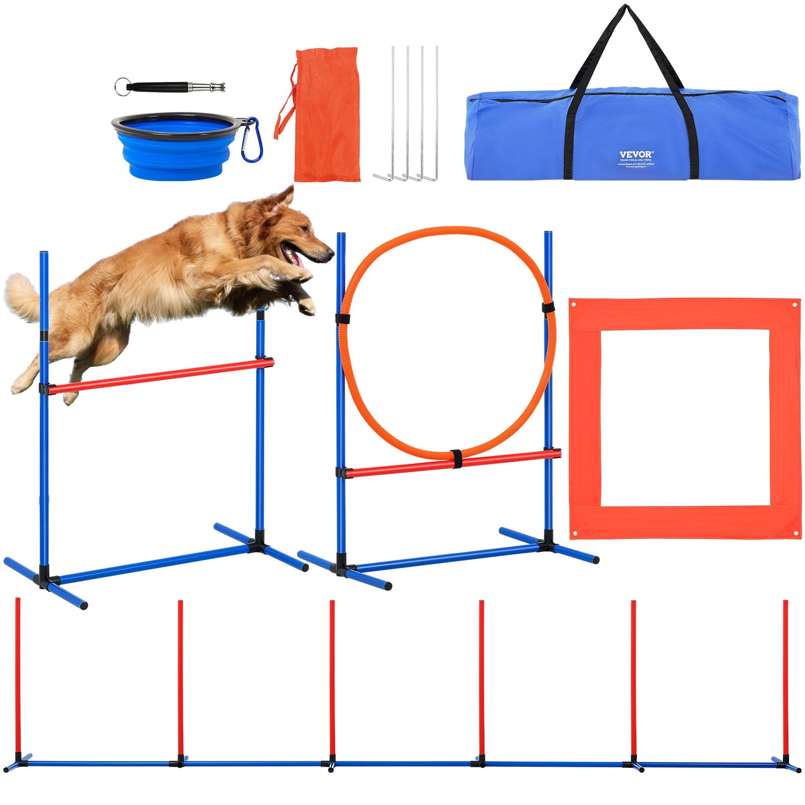 Hunde-Agility-Trainingsausrüstung 4-teiliges Set Mit Verstellbaren Hohen Hürden 6 Slalomstangen Sprungring