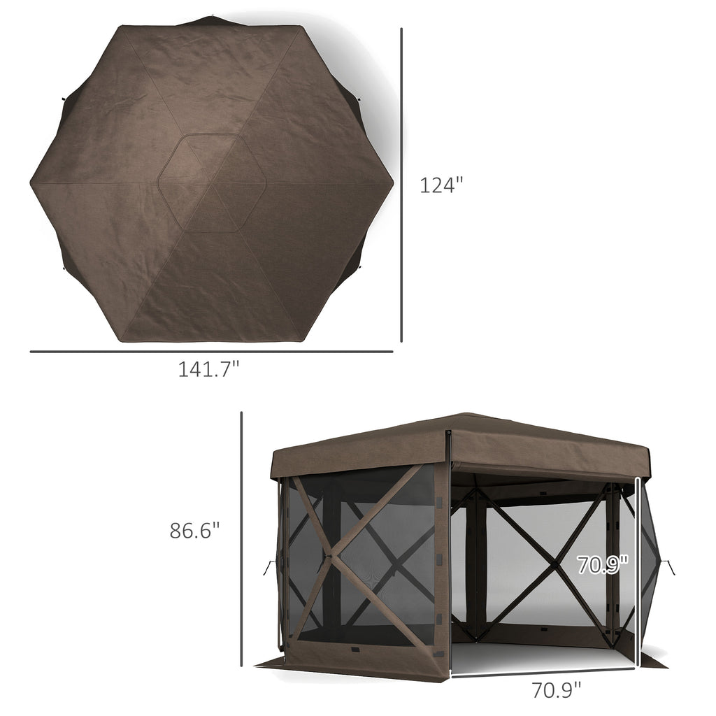 12' x 12' Hexagonal Pop Up Gazebo Canopy Tent with 5 Sidewalls, Outdoor Canopy Shelter with Carry Bag, Brown