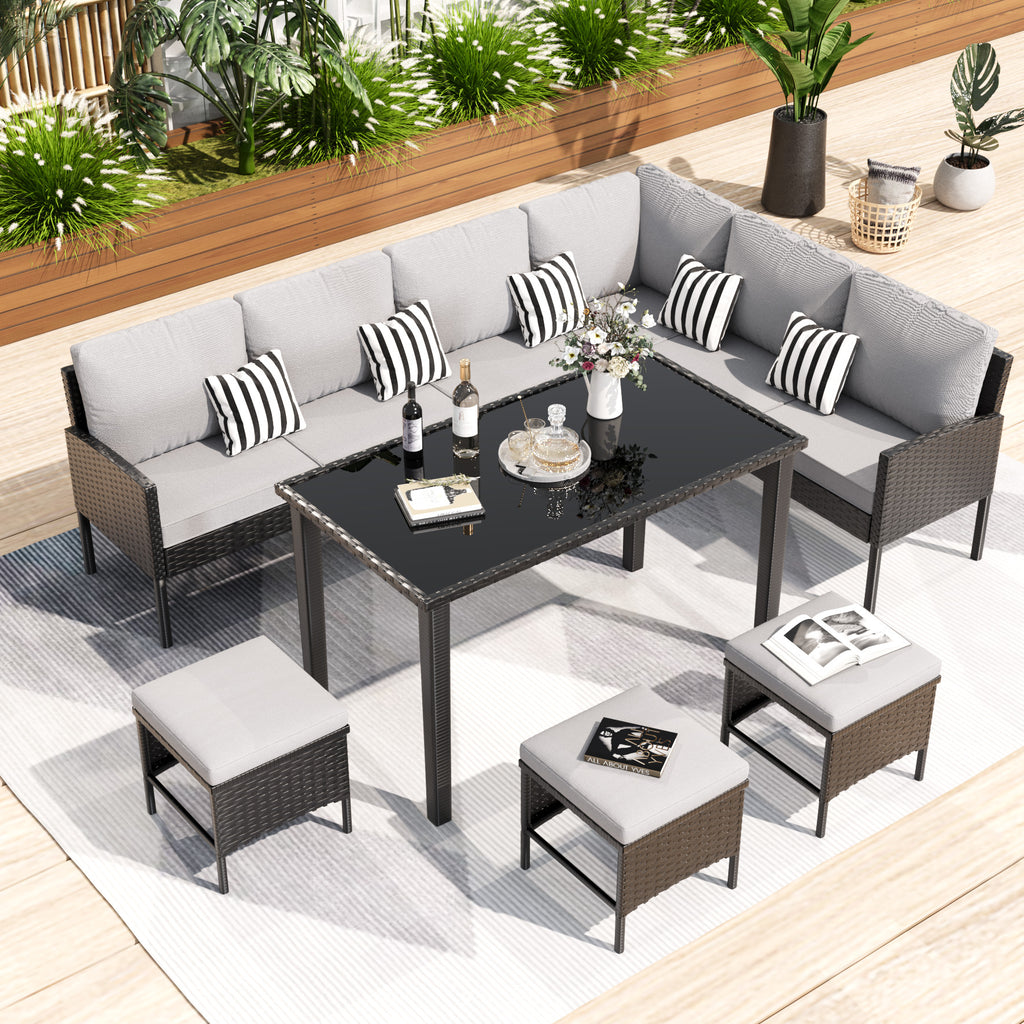 Small Space Patio Furniture 7-piece Outdoor Furniture Set, Backyard Furniture Set, Waterproof Seat Cushion, Glass Table, Space Saving, Suitable For Backyard, Terrace Or Garden,Gray