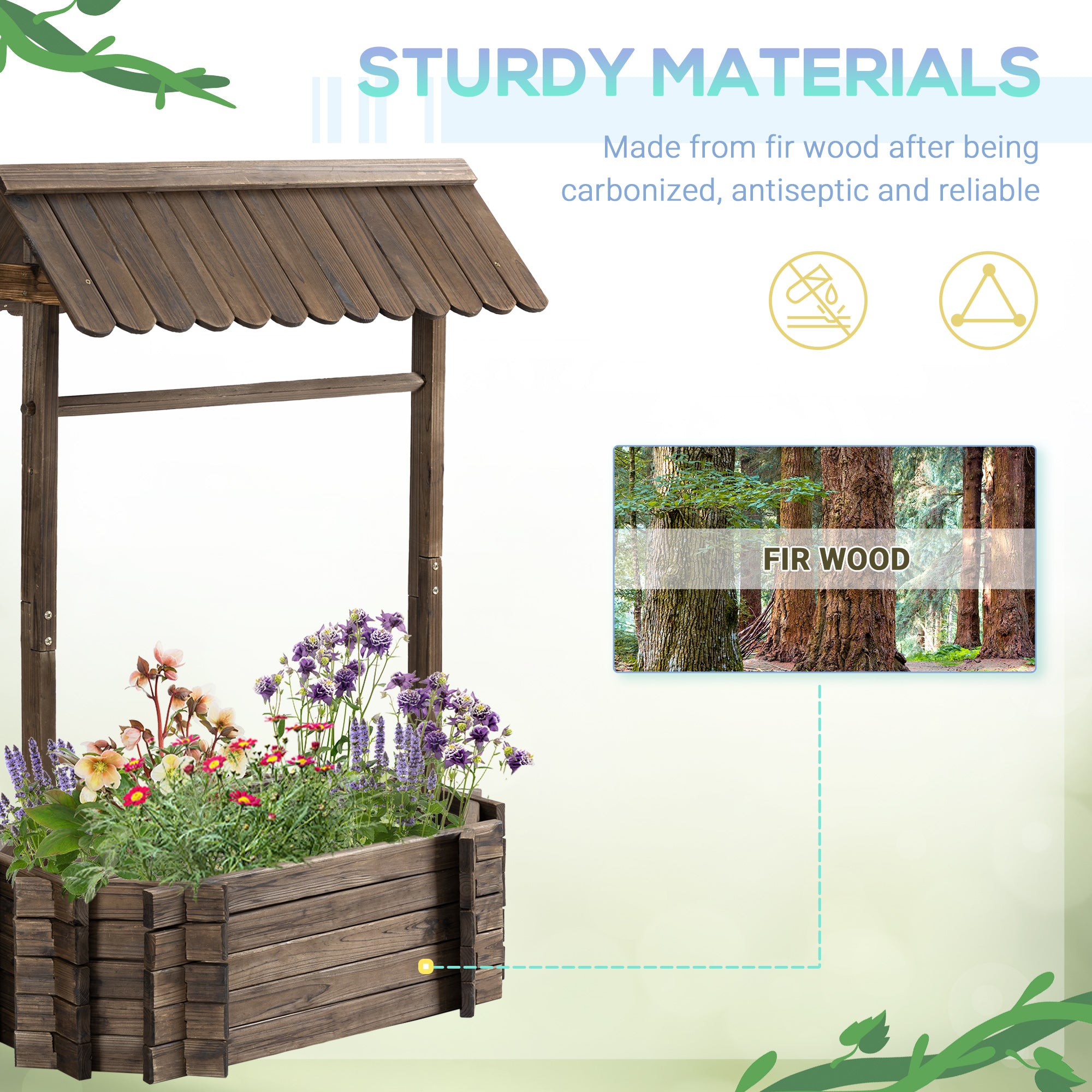 Wishing Well Planter, Wooden Raised Garden Bed, Ornamental Outdoor Flower Planter for Outdoor Garden, Yard, Lawn, and Home Decor