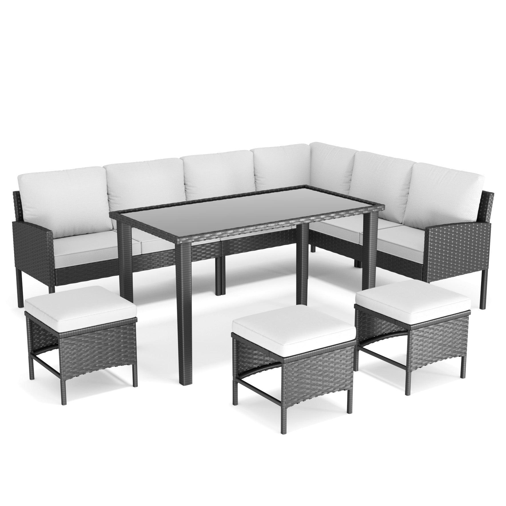 Small Space Patio Furniture 7-piece Outdoor Furniture Set, Backyard Furniture Set, Waterproof Seat Cushion, Glass Table, Space Saving, Suitable For Backyard, Terrace Or Garden,Gray