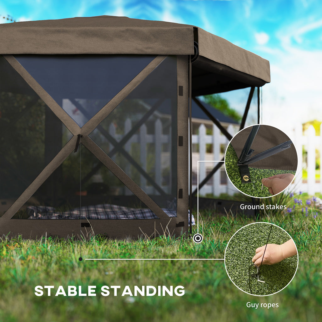 12' x 12' Hexagonal Pop Up Gazebo Canopy Tent with 5 Sidewalls, Outdoor Canopy Shelter with Carry Bag, Brown