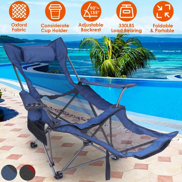 Foldable Camping Chair Collapsible Reclining Chair 330LBS Load Heavy Duty Steel Lawn Chair With Reclining Backrest Angle Cup Holder Pillow Side Pocket Carry Bag