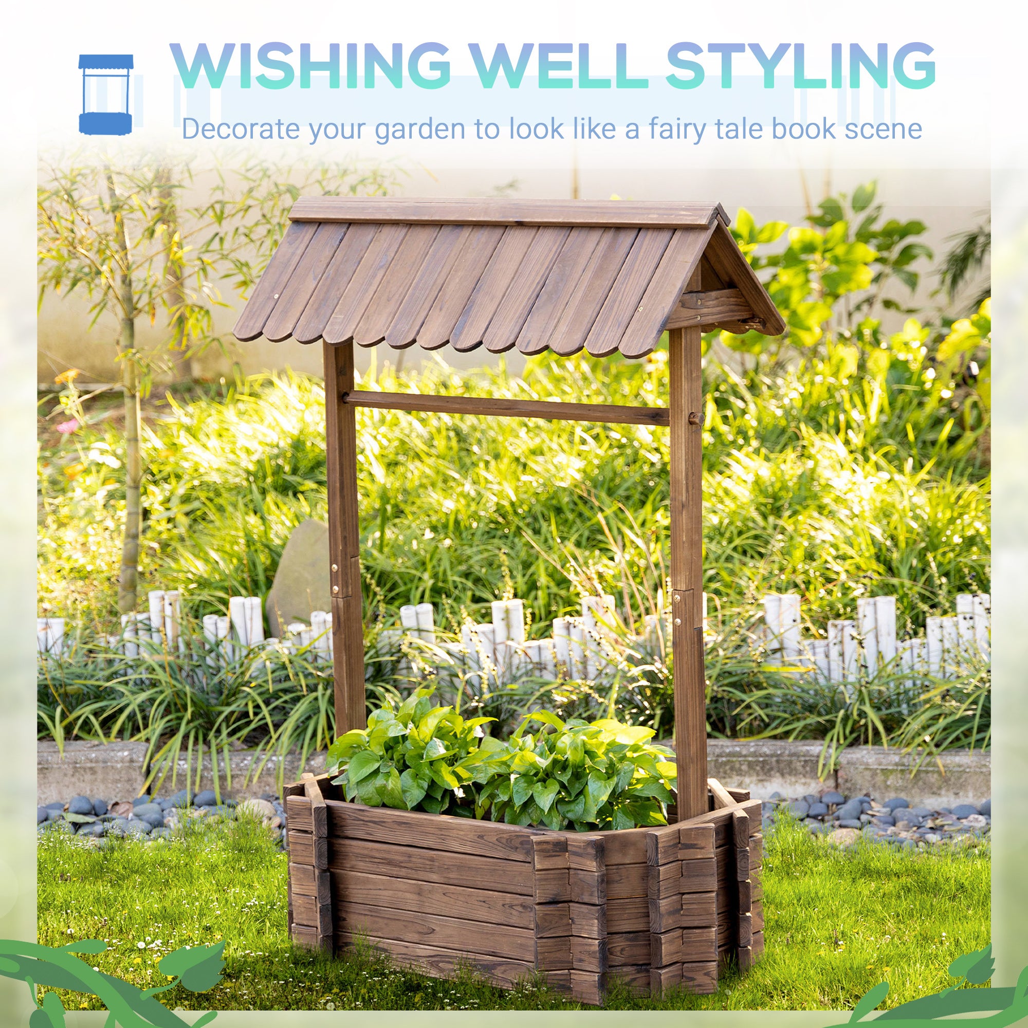 Wishing Well Planter, Wooden Raised Garden Bed, Ornamental Outdoor Flower Planter for Outdoor Garden, Yard, Lawn, and Home Decor